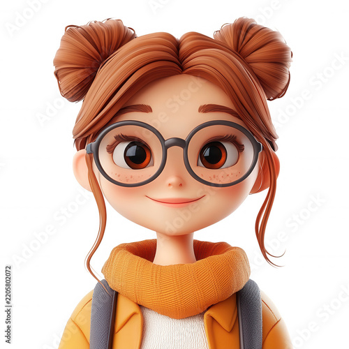 Smiling young 3d character woman wearing glasses looking at camera happiness transparent background expressing