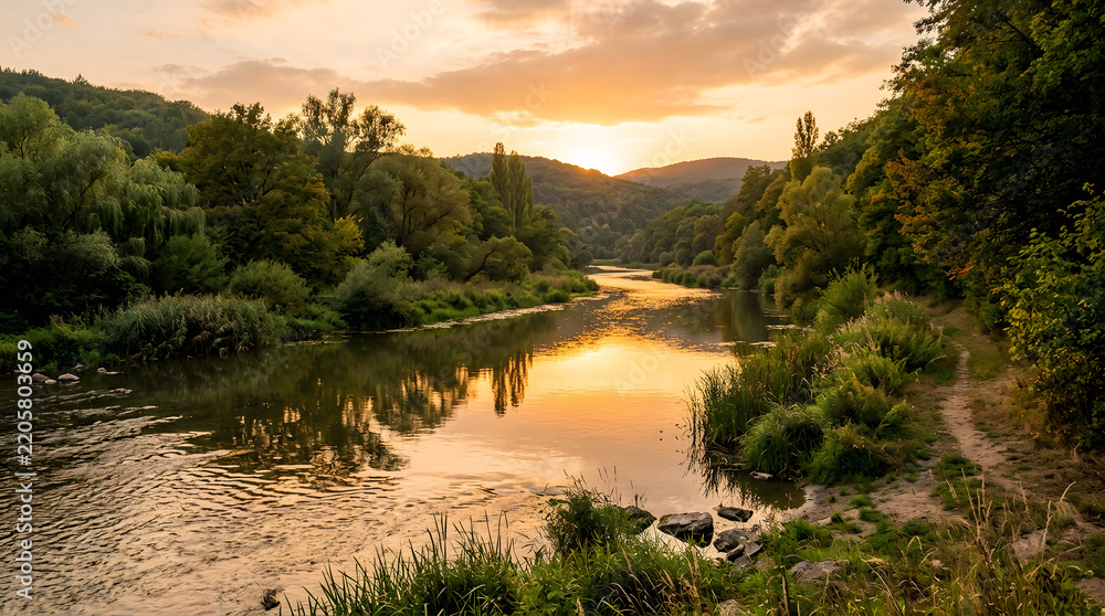 Fototapeta premium Beautiful sunset over a peaceful river flowing through a lush green forest landscape.