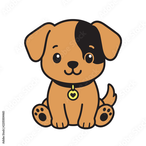 Vector illustration of a cute brown puppy sitting with a gold collar with a heart on it