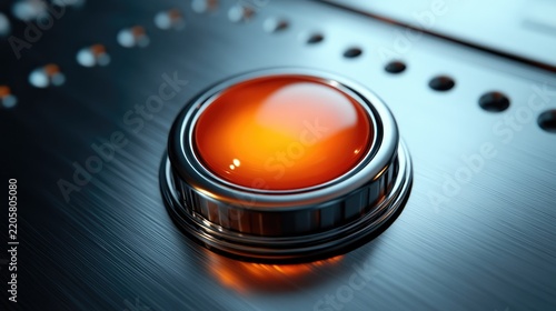 The image features a close up of a large, round, orange tinted button embedded in a sleek, metallic surface