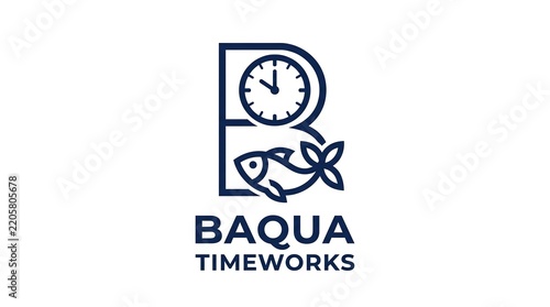 Baqua Timeworks Logo Design Combining Letter B, Clock, and Fish