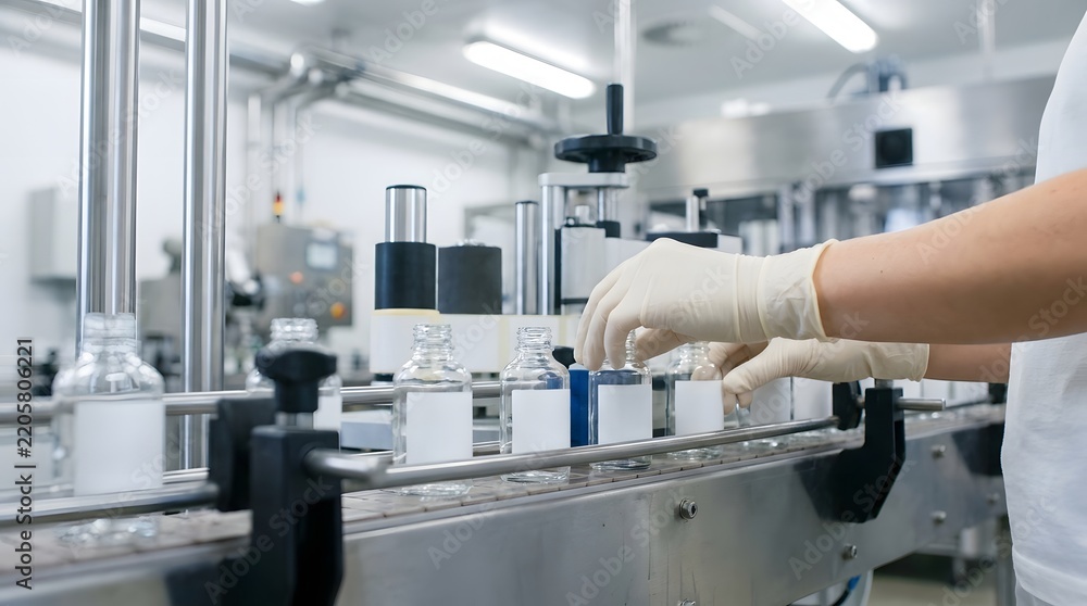 Fototapeta premium Worker Handling Bottles on Pharmaceutical Production Conveyor Line