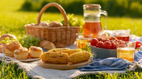 Summer Picnic with Grilled Corn, Fresh Vegetables, and Refreshing Drinks on a Green Lawn