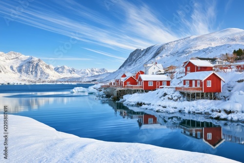 Charming Peaceful Winter Harbor Landscape with Vibrant Red Cabins Reflecting in Calm Waters