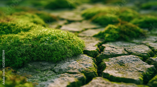 Vibrant green moss patches emerging from parched cracked ground show biological recovery and adaptation in forest floor.