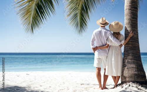 Romantic Couple Embracing Under Palm Trees on Tropical Beach with Clear Blue Ocean in Background
