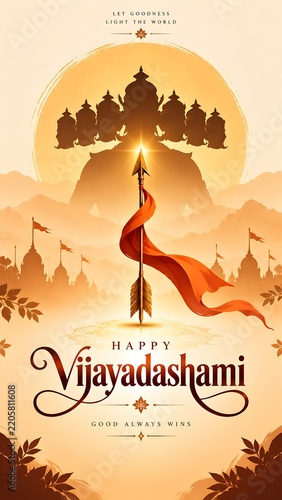 Happy Vijayadashami Festival Poster with Lord Rama Bow and Ravana Silhouette