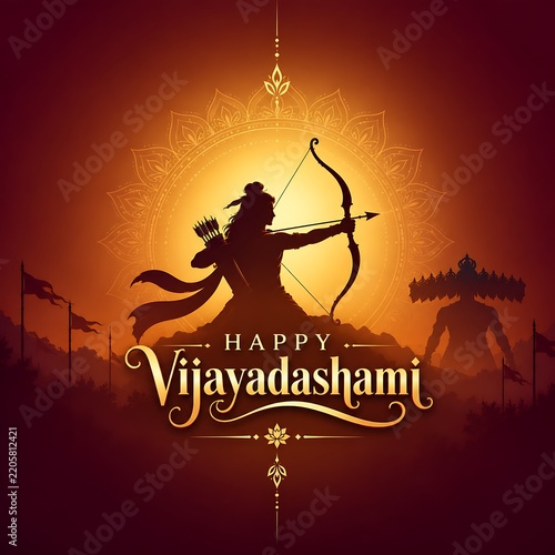 Happy Dussehra Festival Poster with Lord Rama, Ravana Effigy and Bow