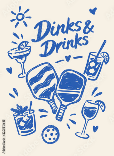 Hand-drawn blue doodle illustration with Dinks & Drinks lettering featuring crossed pickleball paddles, ball, cocktails, hearts, and sunshine for social sports event posters and apparel prints