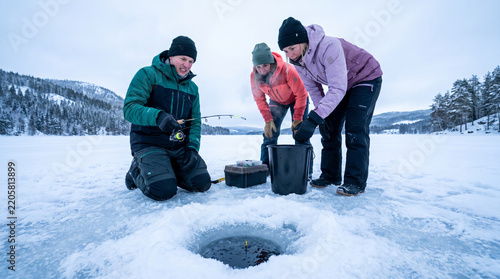 Group of friends ice fishing on frozen lake in winter landscape  