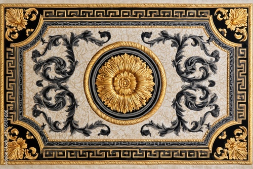 Baroque ceiling medallion with golden floral relief and greek key frame in a sharp top-down shot for luxury interior design branding