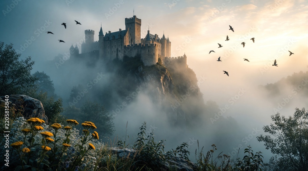 Obraz premium Ancient stone castle stands on rocky hill surrounded by thick morning fog. Birds fly across dramatic sky at sunrise. Yellow flowers grow in foreground. Fantasy medieval fortress looks magical,
