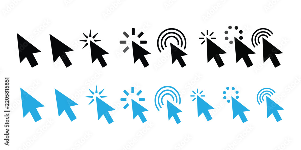 Fototapeta premium Set of computer mouse cursor icons in black and blue colors on white background