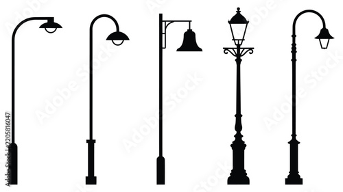 Street light lamppost icon set featuring vintage lantern post, urban electric streetlamp, curved highway pole light, and outdoor city illumination silhouette vector illustration isolated   