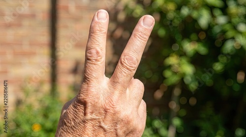 Close up of senior hand showing peace and victory sign outdoors