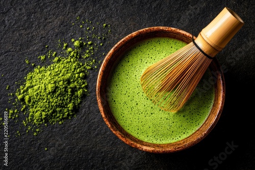 Matcha green tea whisked in a wooden bowl with bamboo whisk on dark stone in a sharp macro shot for wellness and tea house marketing