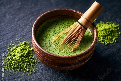 Matcha green tea in a ceramic bowl with bamboo whisk on dark stone background in a macro shot for healthy beverage and wellness branding