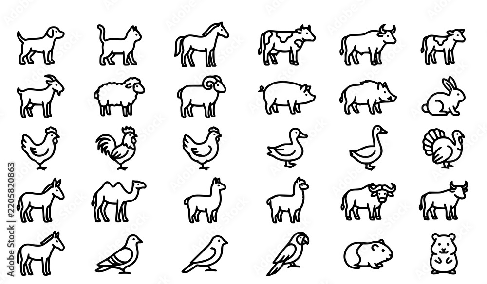 Obraz premium Farm Animal Outline Icon Collection with Horse, Goat, Sheep, Pig, Camel, Duck and Rabbit Symbols for Agriculture and Nature Design