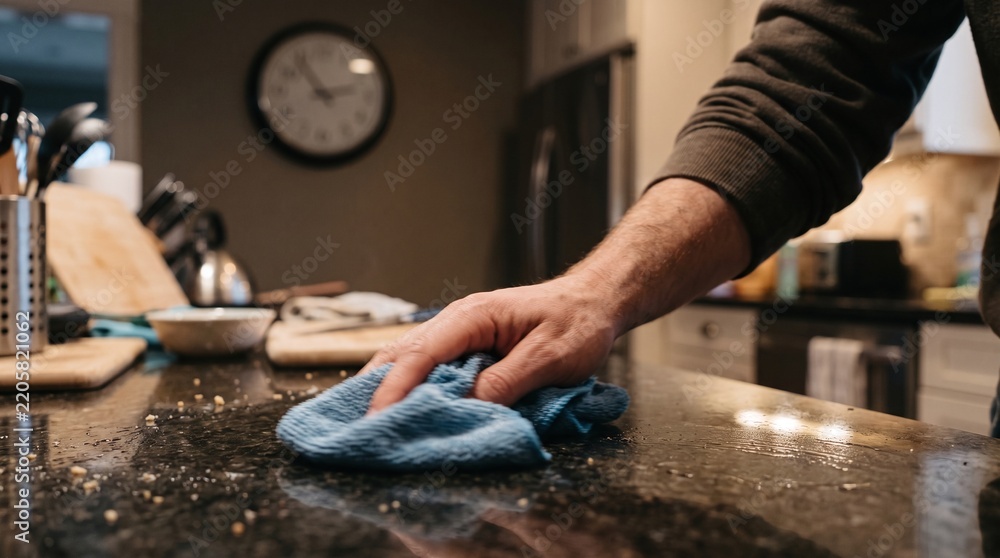 Fototapeta premium Man cleaning dark granite kitchen countertop with blue microfiber cloth