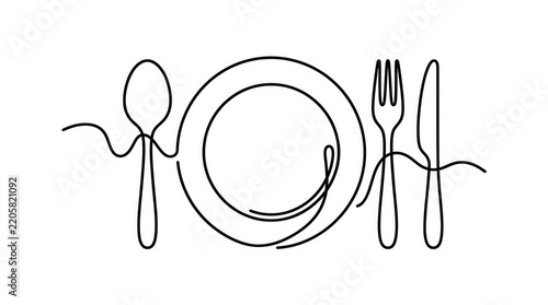 Minimalist continuous line drawing of plate spoon fork and knife on white background