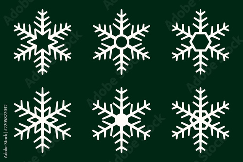 A collection of white snowflakes, elements for Christmas and winter.