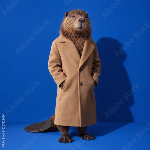 Surreal Fashion Portrait of a Beaver in a Tailored Camel Overcoat on Cobalt Blue Studio Background