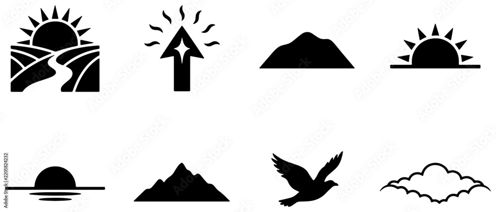 Fototapeta premium Minimalist nature icon set, black outdoor landscape symbols, sunrise mountain bird cloud vector icons for UI design