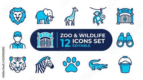 Obraz na plátně Zoo and Wildlife Icon Set: A collection of vibrant blue and white icons representing various zoo animals, a zookeeper, and park elements, perfect for educational or informational designs