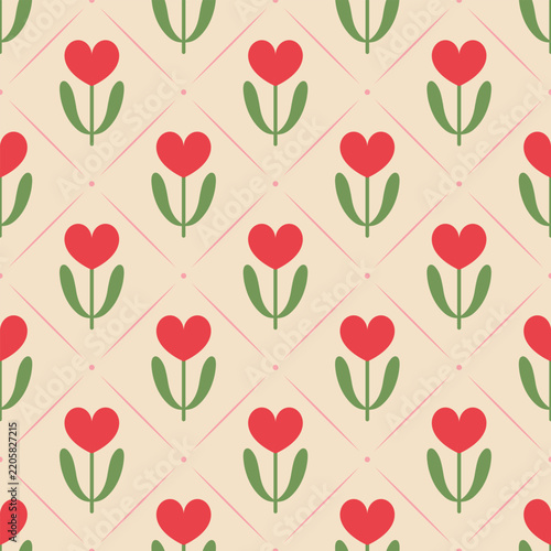 Seamless vector floral pattern paper with plants in the shape of red hearts with green leaves on a beige background