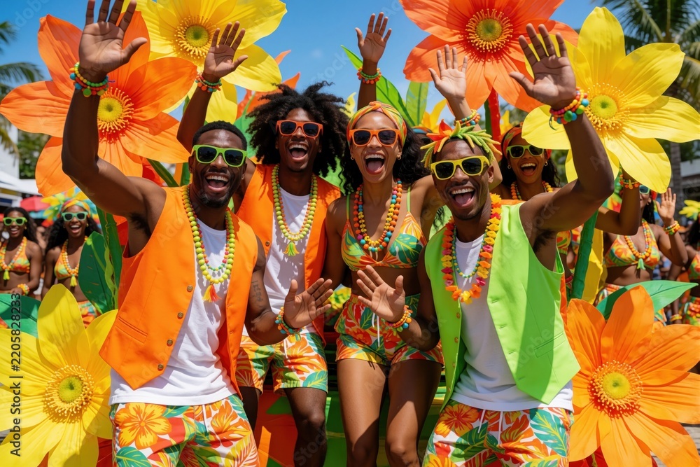 Fototapeta premium Happy diverse group of friends celebrating at colorful street carnival parade. People wear bright tropical outfits, sunglasses, flower necklaces waving hands. Lively summer festival atmosphere with