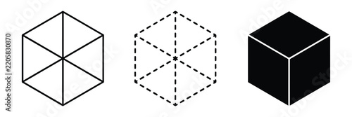 Three cube illustrations showing geometric wireframe, dashed, and solid black forms in isometric style, representing geometry, structure, volume, and 3D design.