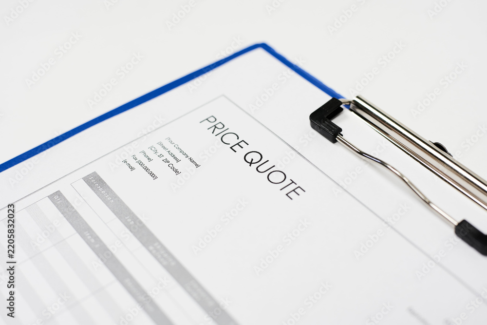 Fototapeta premium price quote form on a clipboard with blue border on white background