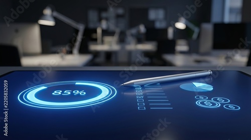 Modern office dashboard display showing 85% efficiency with sleek digital interface and stylus interaction in professional workspace