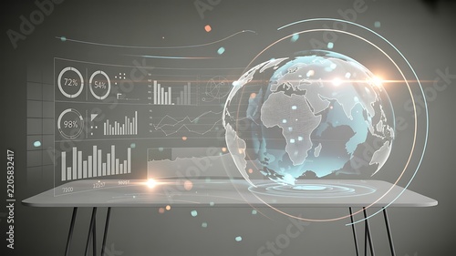 Futuristic digital illustration of global data analysis and hologram technology on a modern desk with charts and graphs