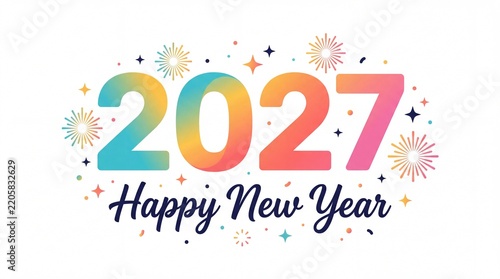 Colorful 2027 Happy New Year typography banner with gradient numbers and fireworks, festive 2027 celebration graphic background for seasonal holiday party card design
