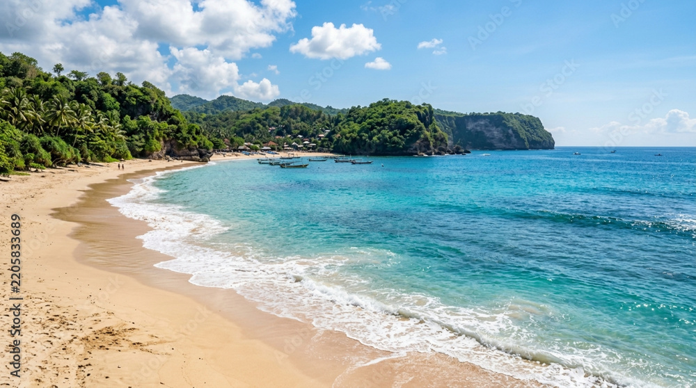 Obraz premium Scenic Tropical Beach Landscape with Turquoise Ocean Waves and Lush Green Cliffs on a Sunny Day in Bali Indonesia