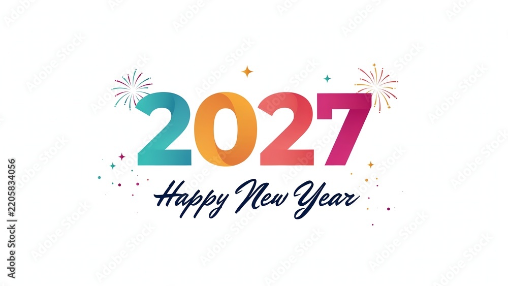 Fototapeta premium Colorful 2027 Happy New Year typography design with fireworks on white background, festive 2027 celebration graphic typography, modern new year 2027 banner template