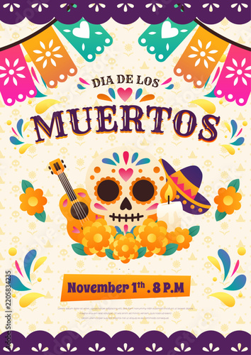 Dia de los Muertos Festival Poster and Party Invitation Template with Ornate Sugar Skull