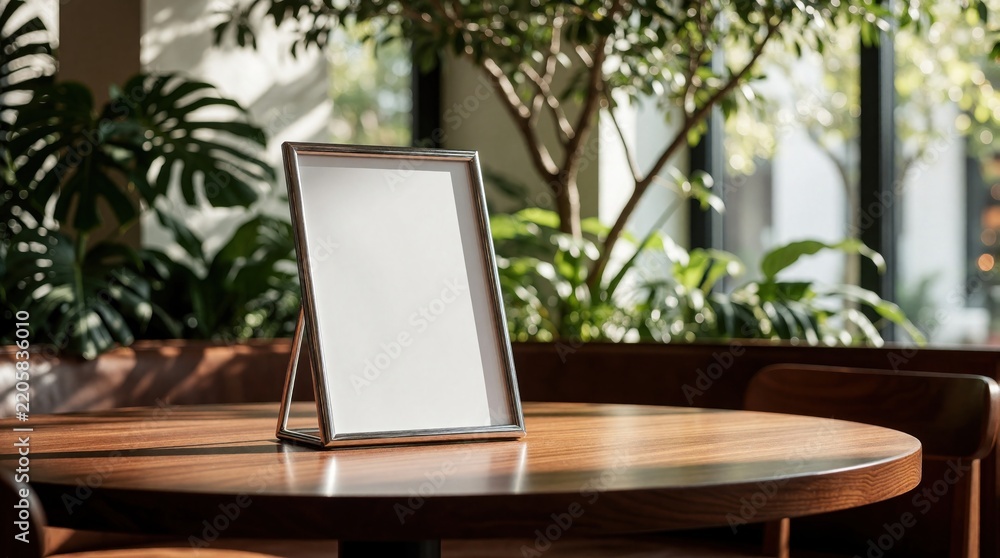 Fototapeta premium Blank white menu tent card in silver metal frame on wooden restaurant table. Empty stand holder for food list special offer. Modern cafe interior with green plants, blurred background. Mockup