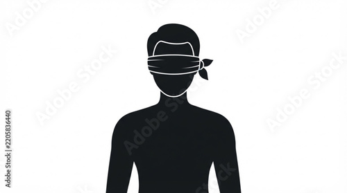 Silhouette of a blindfolded person isolated on white background
