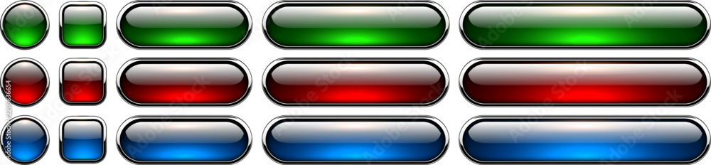 Obraz premium Blank glass buttons with chrome frame, colored web menu icons for website interface and games.