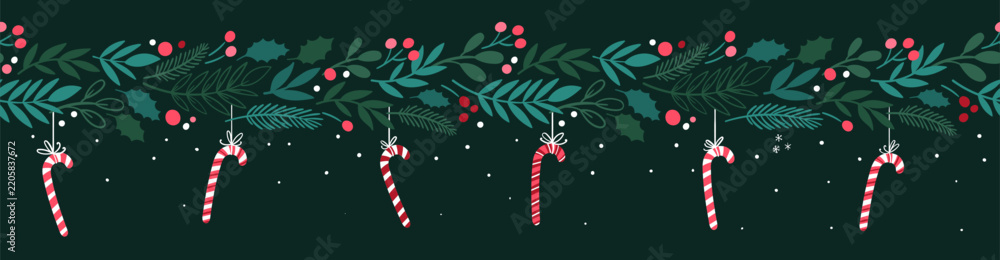 Obraz premium Lovely hand drawn Christmas seamless pattern, cute greenery, flowers and snowflakes, great for textiles, wrapping, banners, wallpapers - vector design