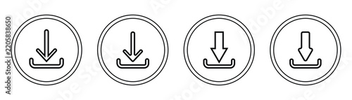 Download icon vector illustration, black file download symbol in outline circle, Software download icon, upload icon, Set of download icons as template for design of web page, site or mobile app.
