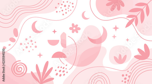 Abstract pink botanical and geometric minimalist pattern background.
