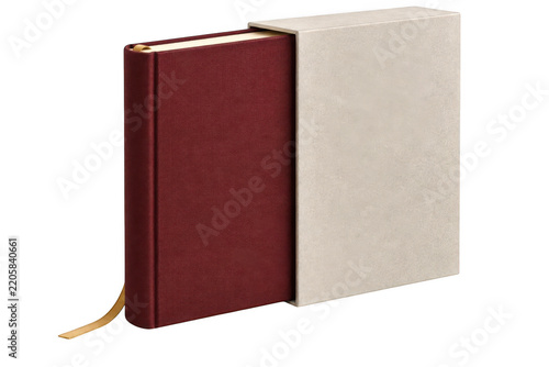 Elegant burgundy hardcover notebook inside protective sleeve isolated