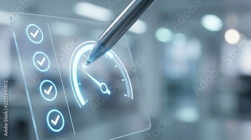 Interactive digital checklists with glowing checkmarks being selected by a stylus in a sleek office workspace