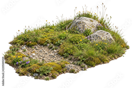 Alpine rock and moss ground patch with flowers isolated on transparent background