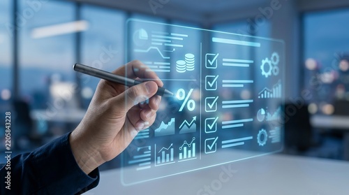 Hand pointing dynamic analytics dashboard with checkmarks and charts on transparent glass surface in modern office setting