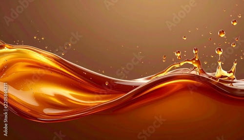 Amber liquid splash of sweet caramel syrup dynamic wave with flying droplets isolated on a transparent background design asset on brown background 
4