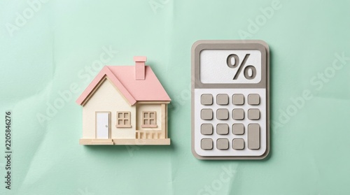 Paper model house and calculator showing percentage symbol on green table